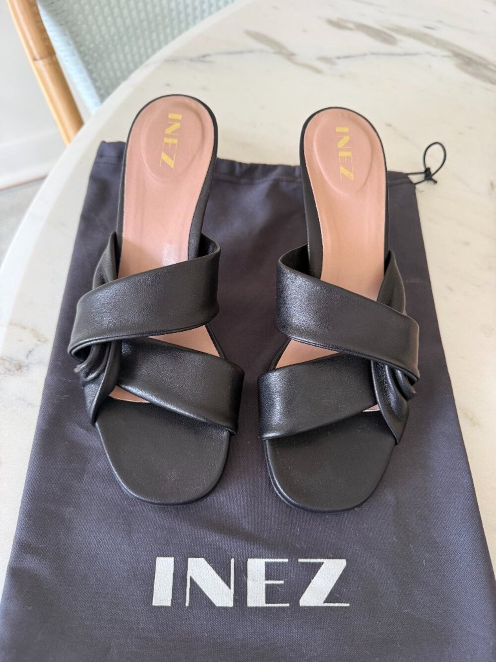 INEZ Black Leather Knotted Heeled Sandals 7.5 NW0T